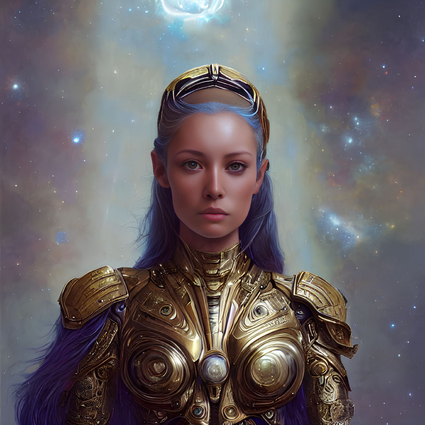 Blue-skinned female character in golden armor on cosmic background