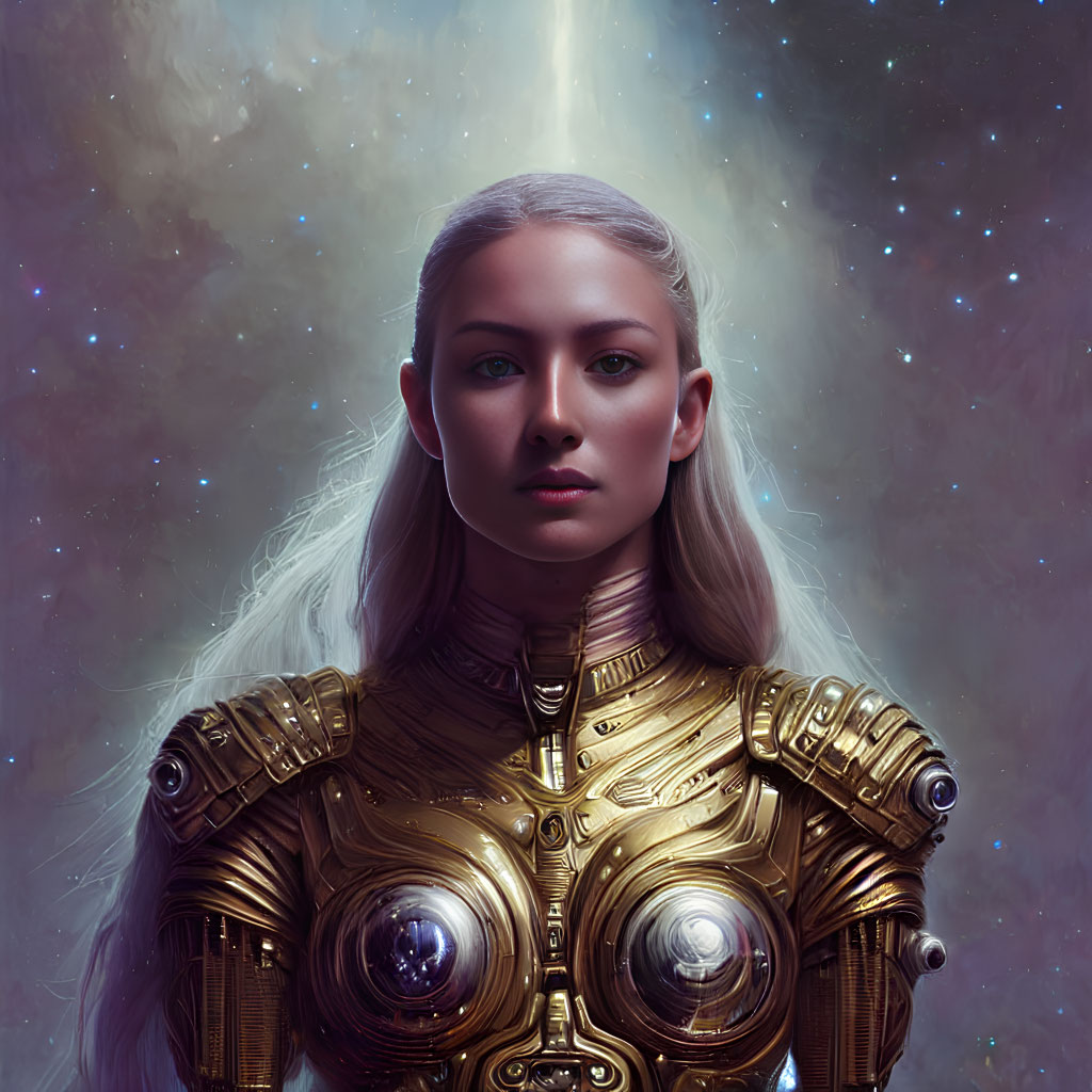 Digital artwork: Female in golden sci-fi armor on cosmic backdrop