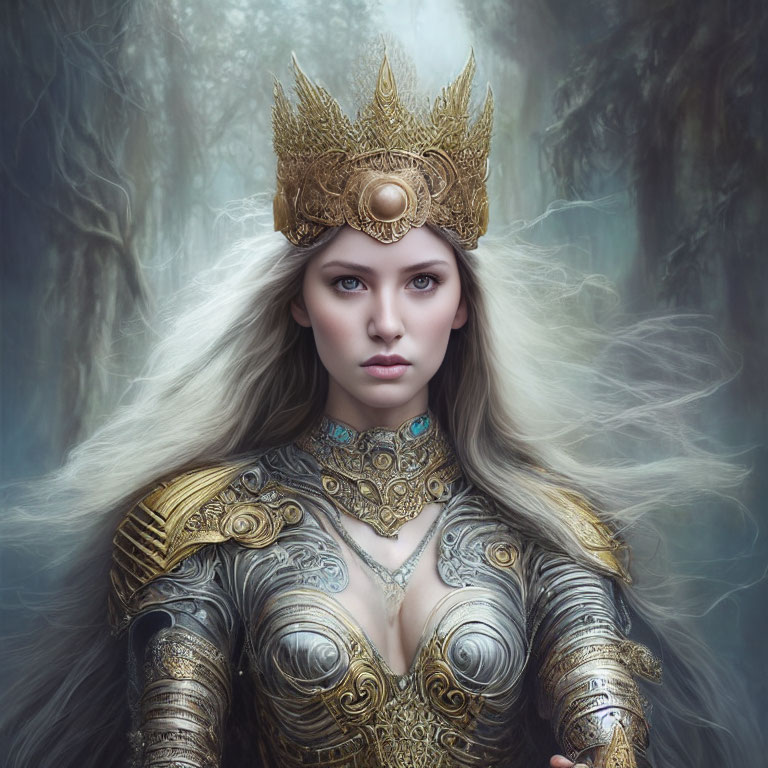 Regal woman in golden armor and crown in mystical forest