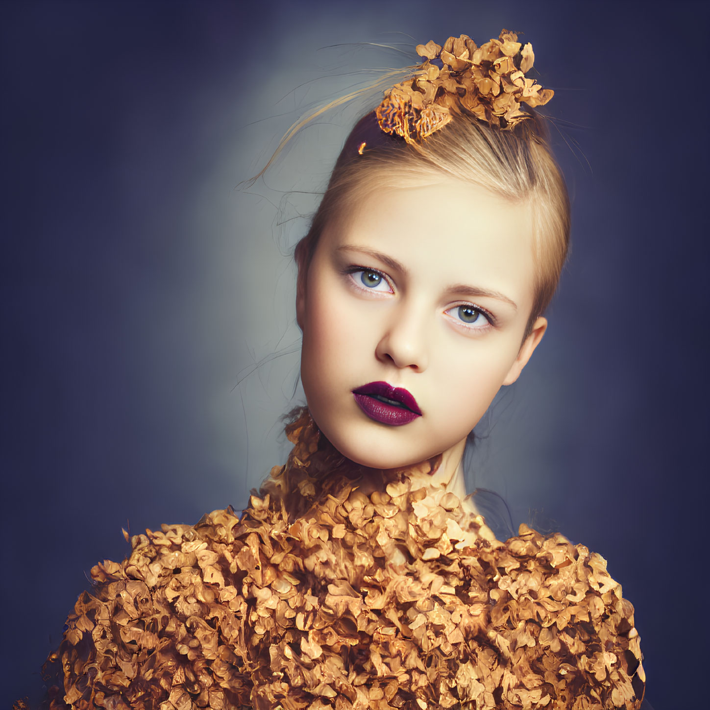 Young girl with blue eyes in high-fashion leaf outfit on blue background