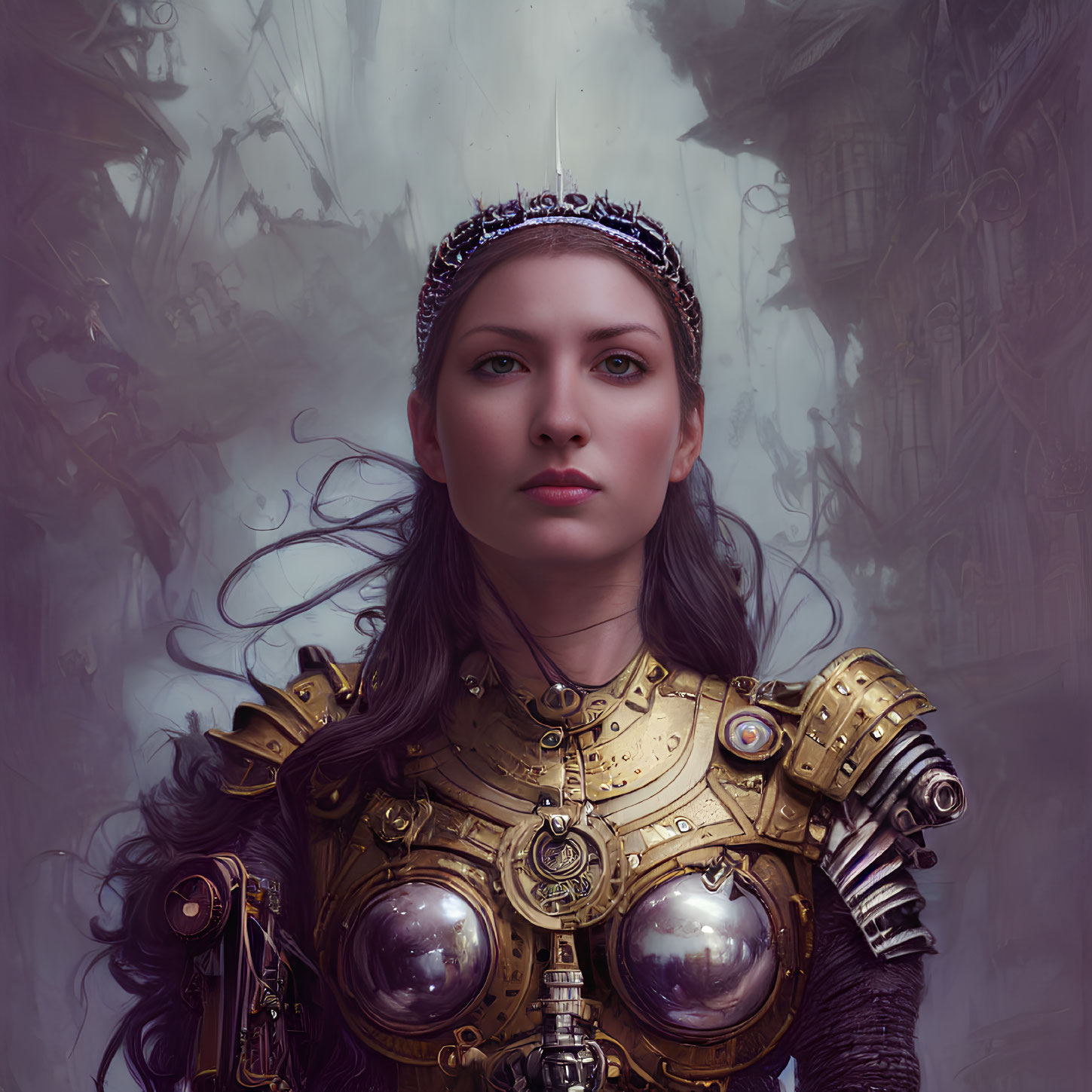 Regal woman in steampunk armor and tiara with brown hair in confident pose.