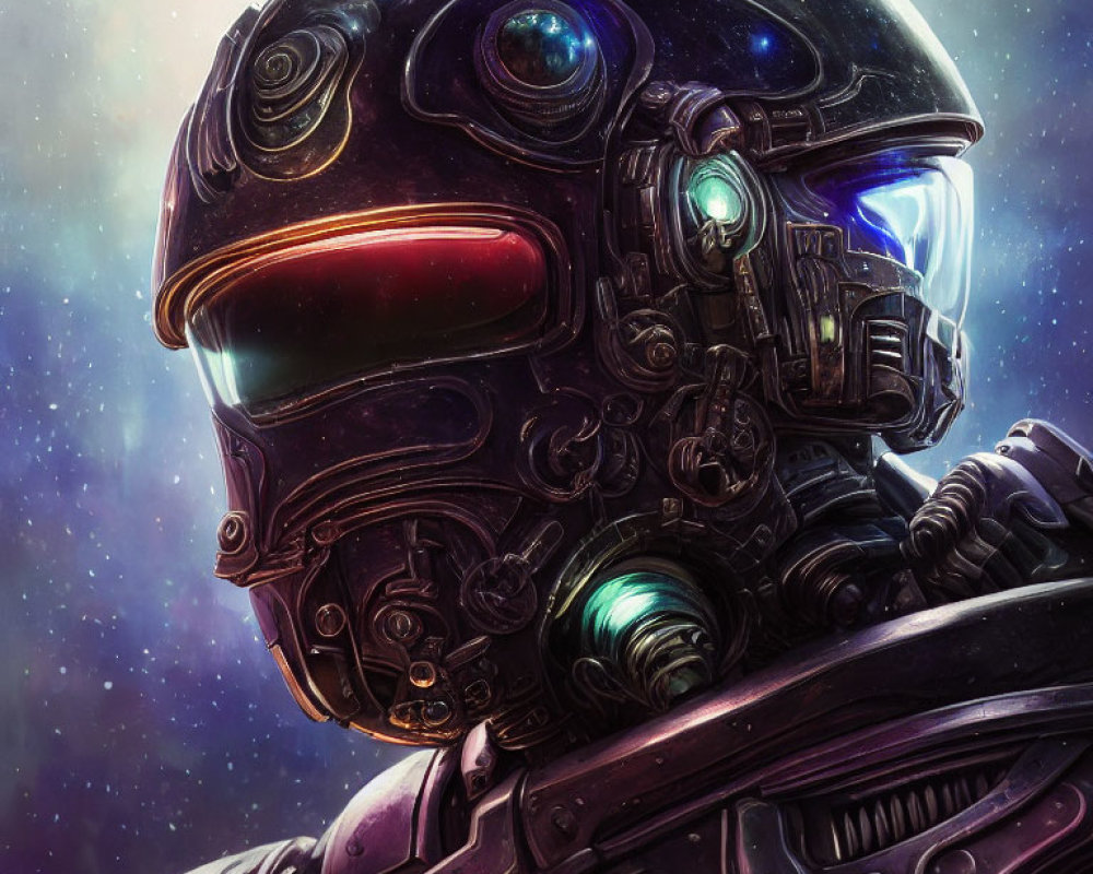 Detailed futuristic helmet with glowing blue visor on cosmic background