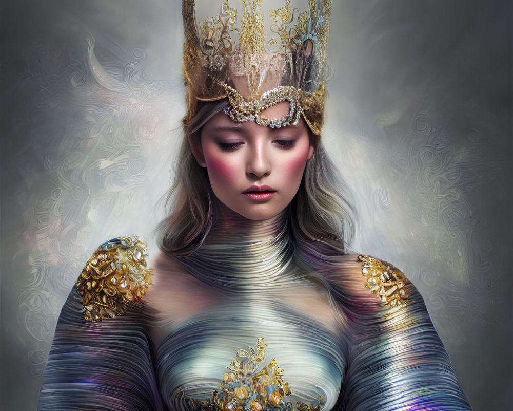 Ornate golden crown and mask on woman in multicolored dress
