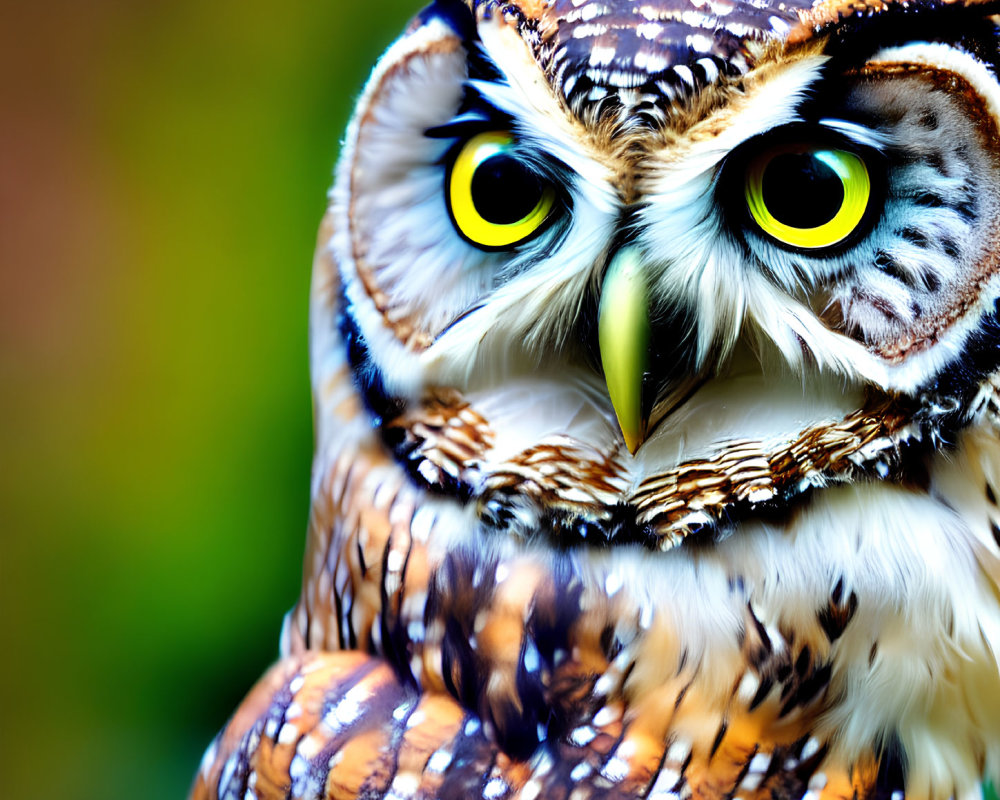Brown and White Owl with Yellow Eyes and Sharp Beak on Blurred Green Background
