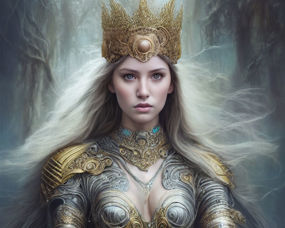 Regal woman in golden armor and crown in mystical forest