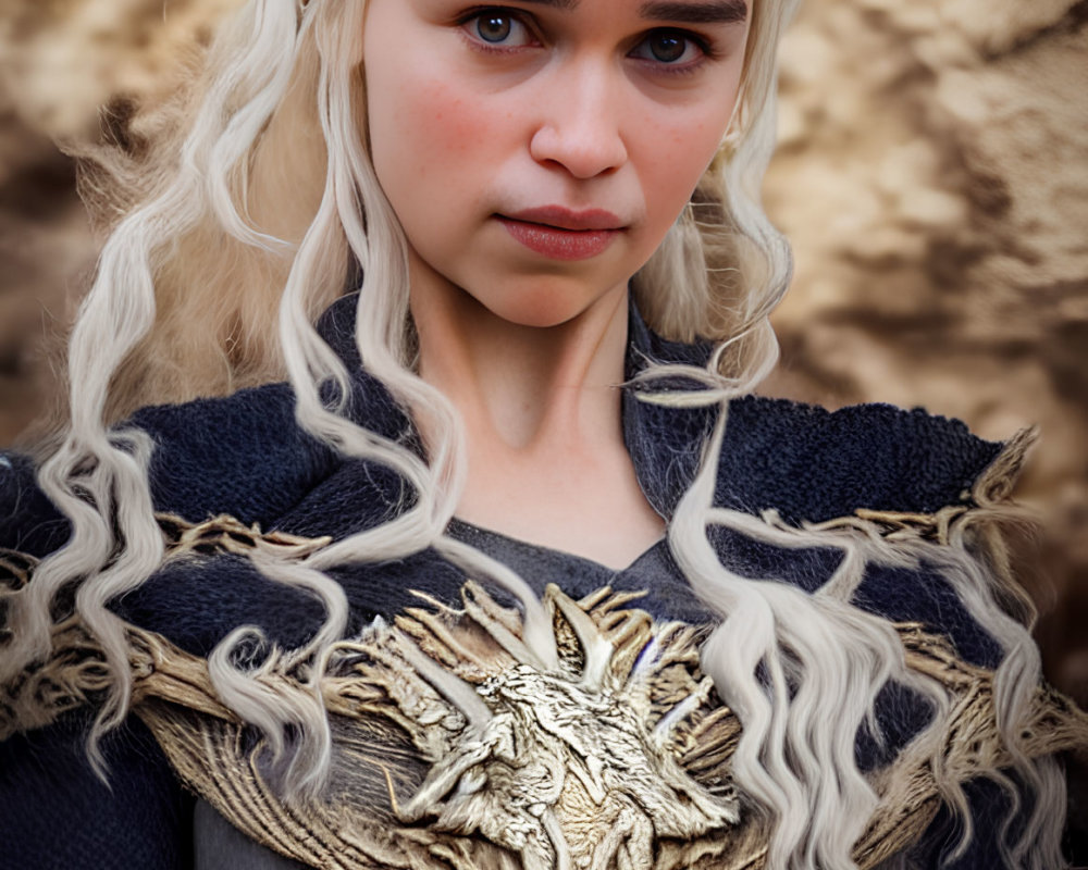 Platinum blonde woman in blue outfit with dragon brooch