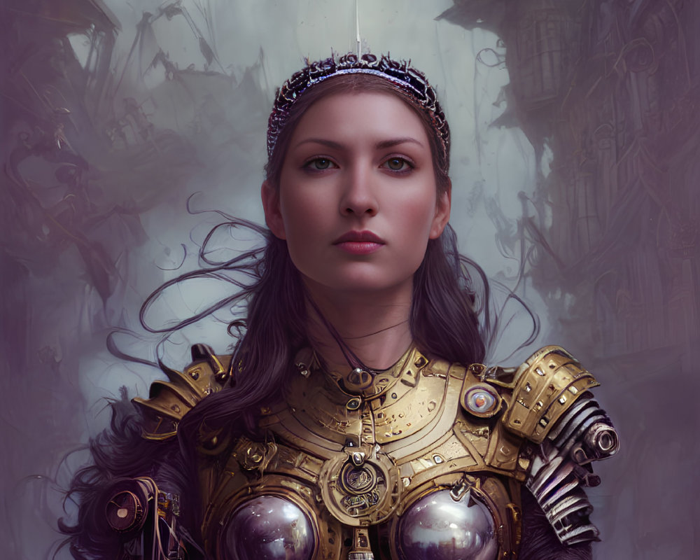 Regal woman in steampunk armor and tiara with brown hair in confident pose.