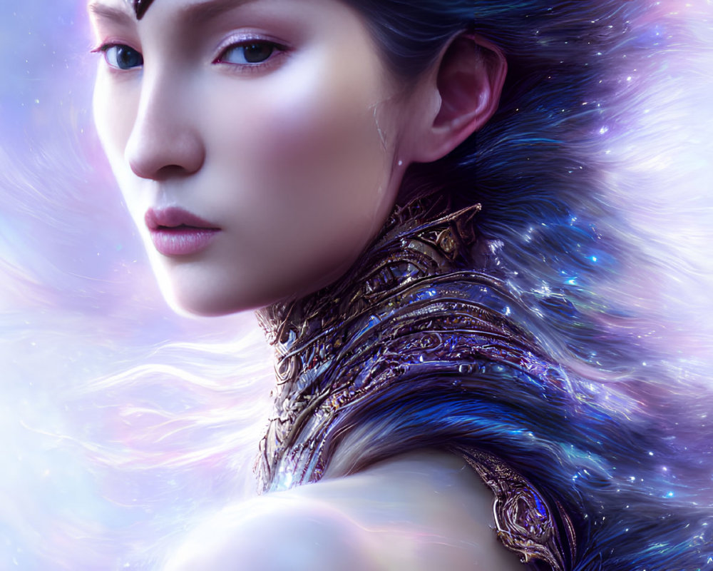 Digital artwork: Woman with silver headpiece, detailed armor, cosmic aura
