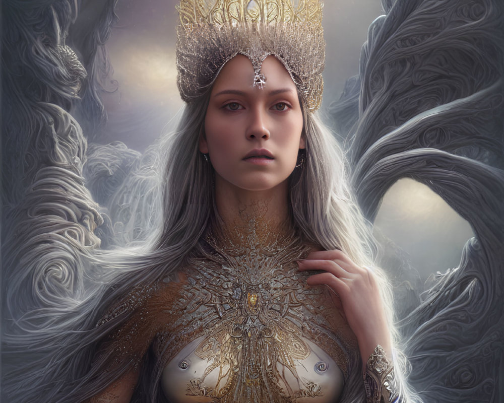 Detailed Gold Crown and Armor on Regal Woman in Ethereal Setting