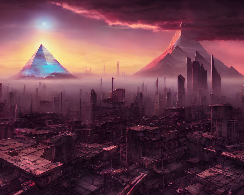 Dystopian cityscape at sunset with illuminated pyramids and skyscrapers