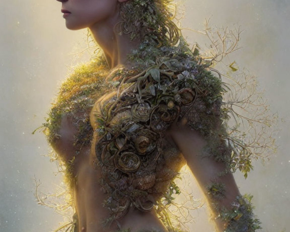Fantasy-inspired image of person adorned with foliage and flowers