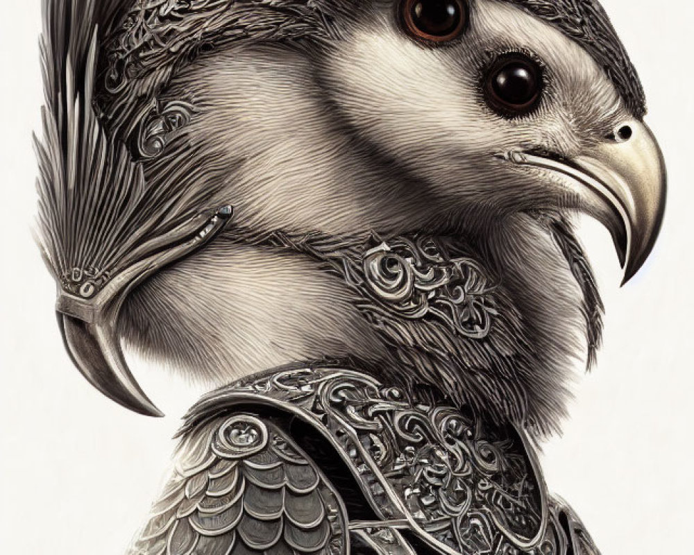 Detailed illustration of an eagle with ornate armor-like feathers and medieval-inspired head crest.