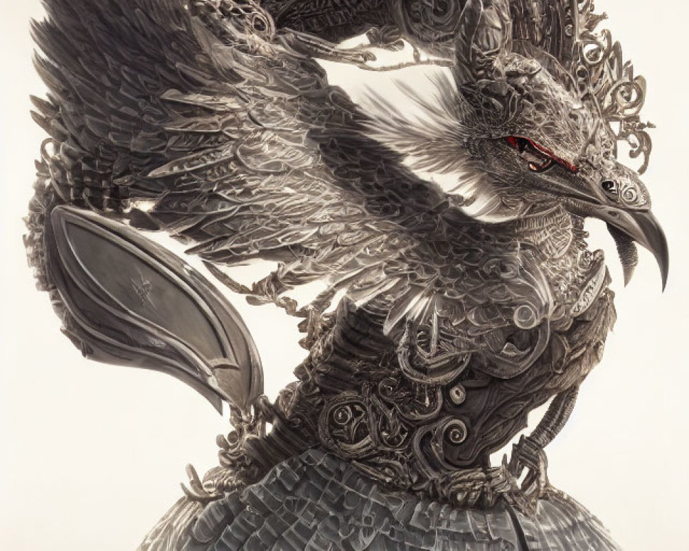 Detailed mythical bird artwork with mechanical elements and majestic pose