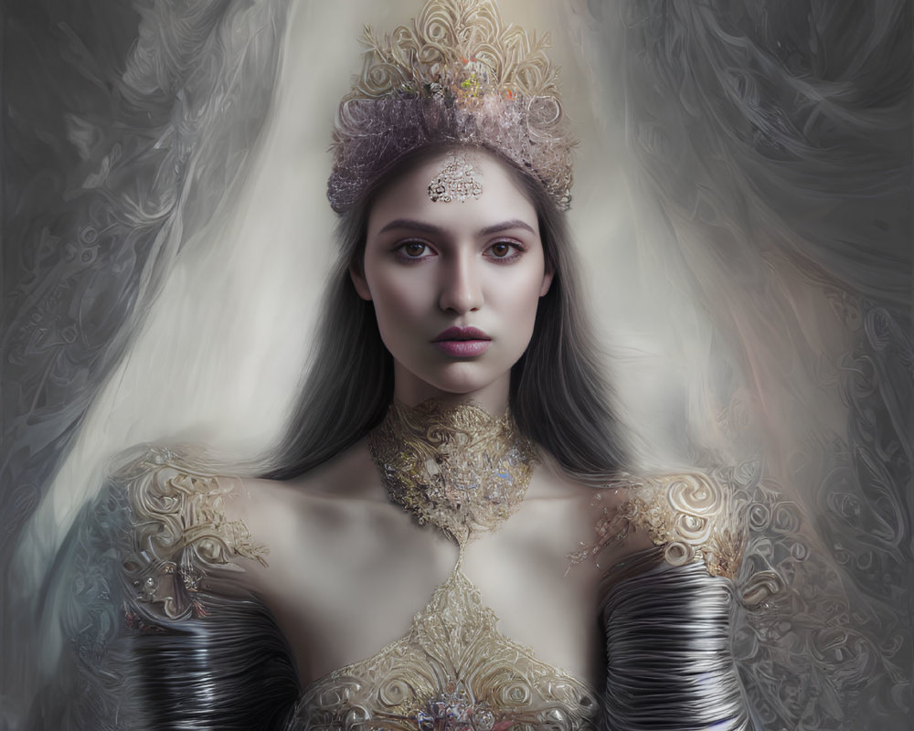 Regal woman in ornate crown and gold attire against ethereal backdrop