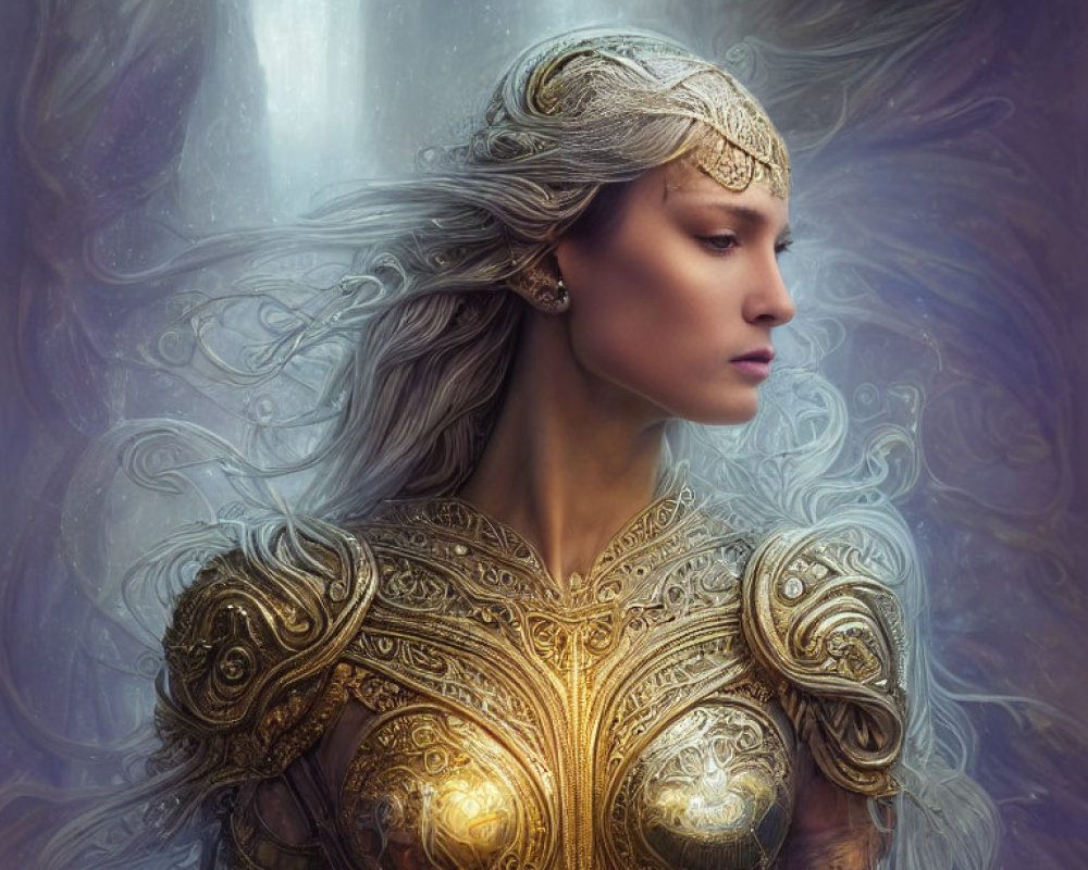 Ethereal woman in golden armor with flowing silver hair in mystical purple ambiance