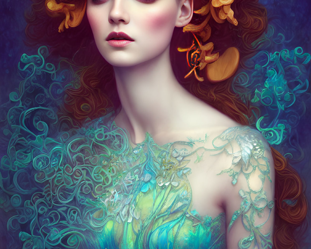 Fantasy illustration of woman with red hair, ornate crown, and nature-inspired dress
