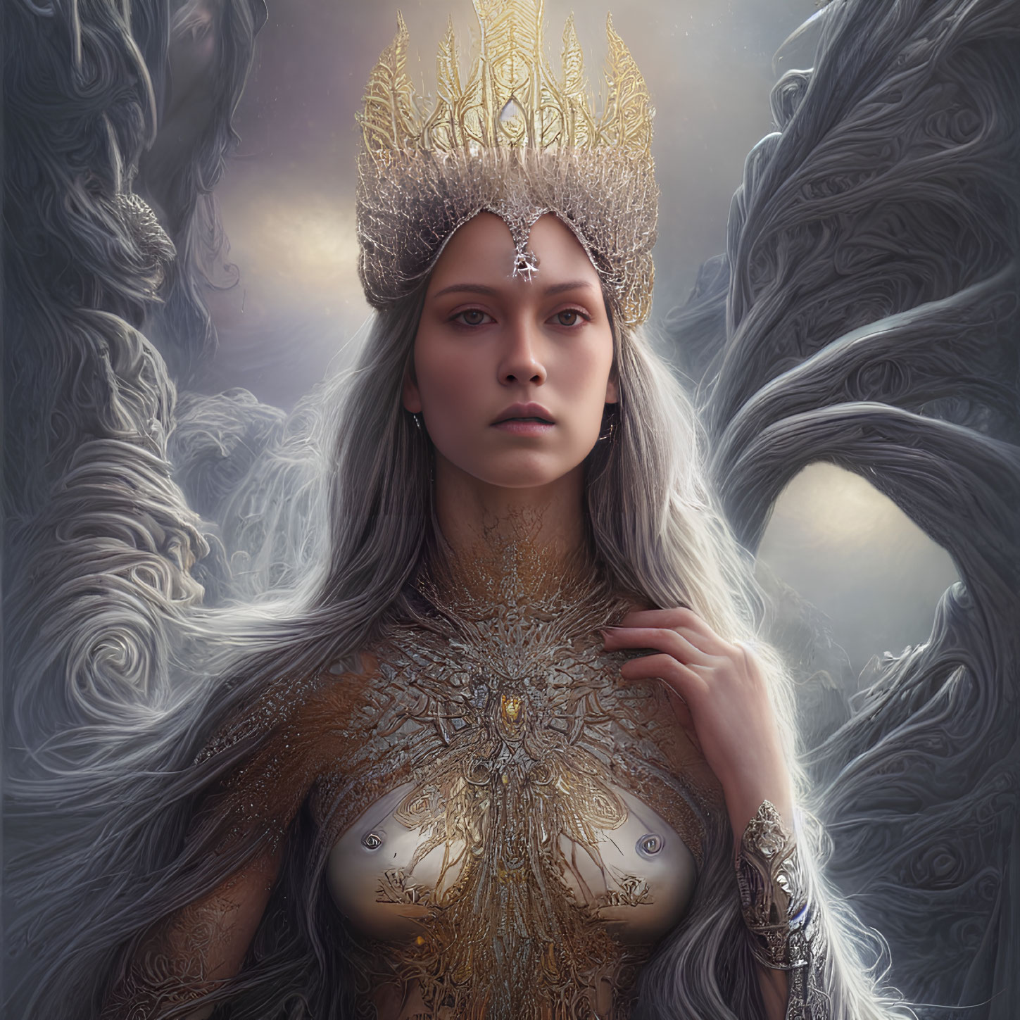 Detailed Gold Crown and Armor on Regal Woman in Ethereal Setting