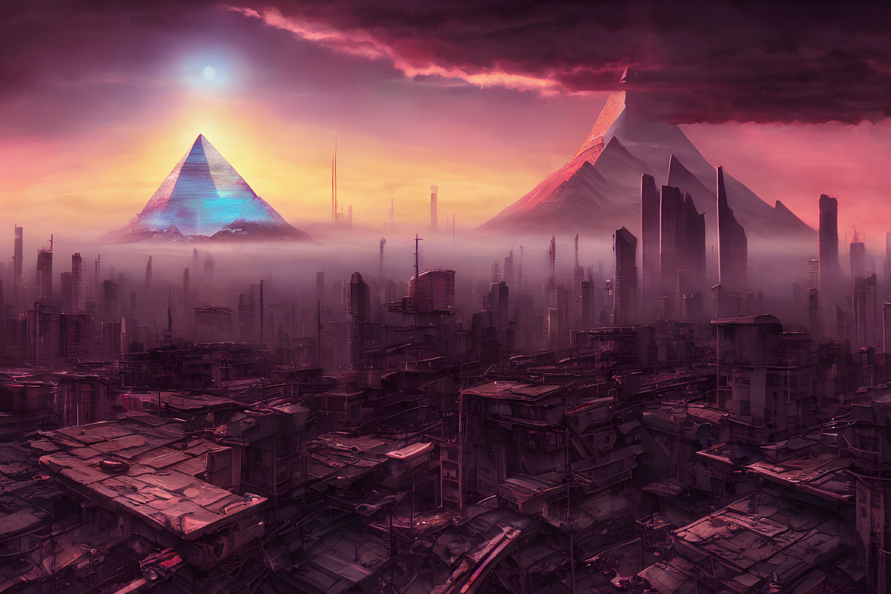 Dystopian cityscape at sunset with illuminated pyramids and skyscrapers