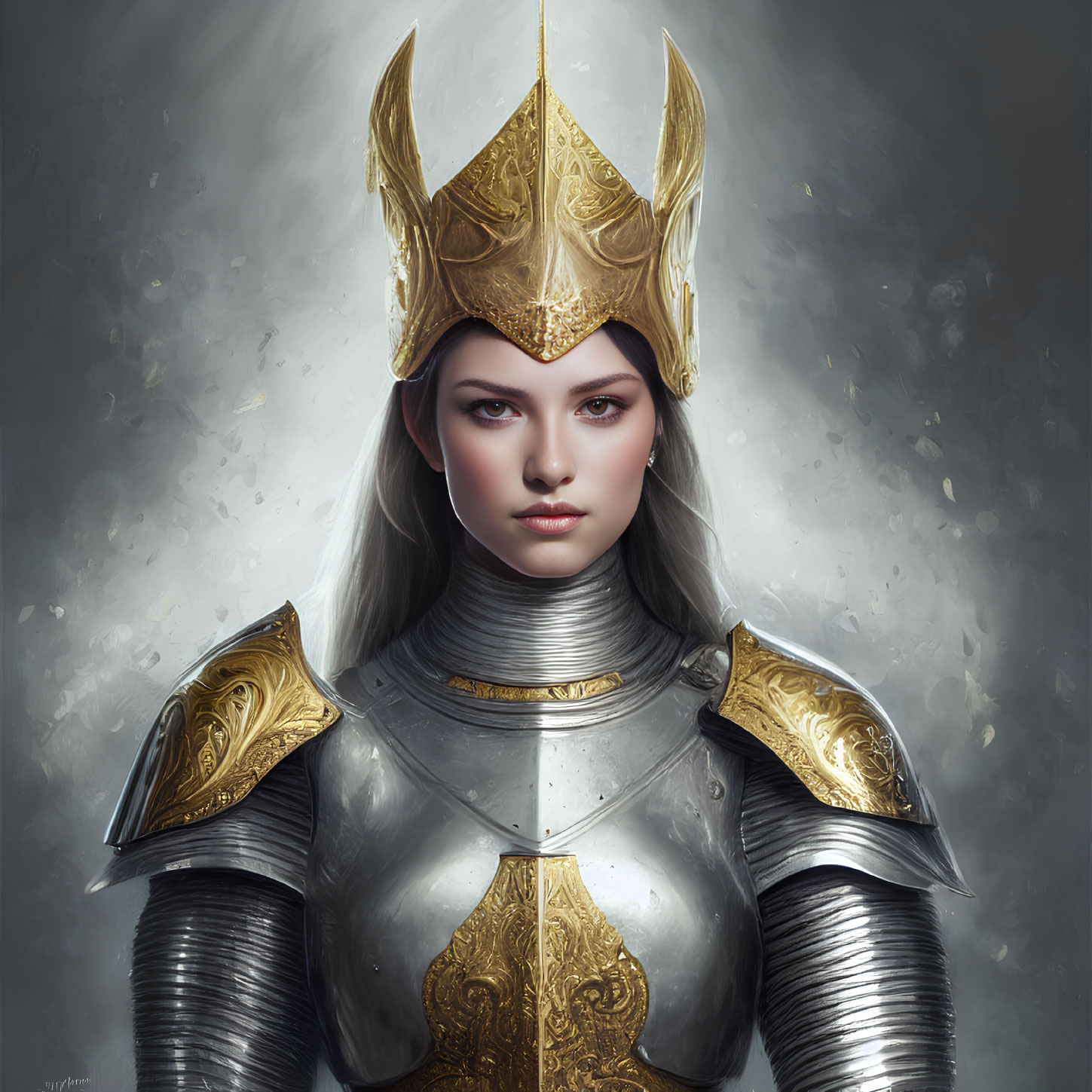 Medieval woman in ornate armor and golden crown, gazing ahead.