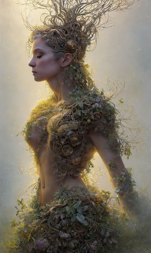 Fantasy-inspired image of person adorned with foliage and flowers