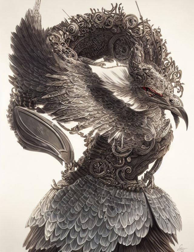 Detailed mythical bird artwork with mechanical elements and majestic pose