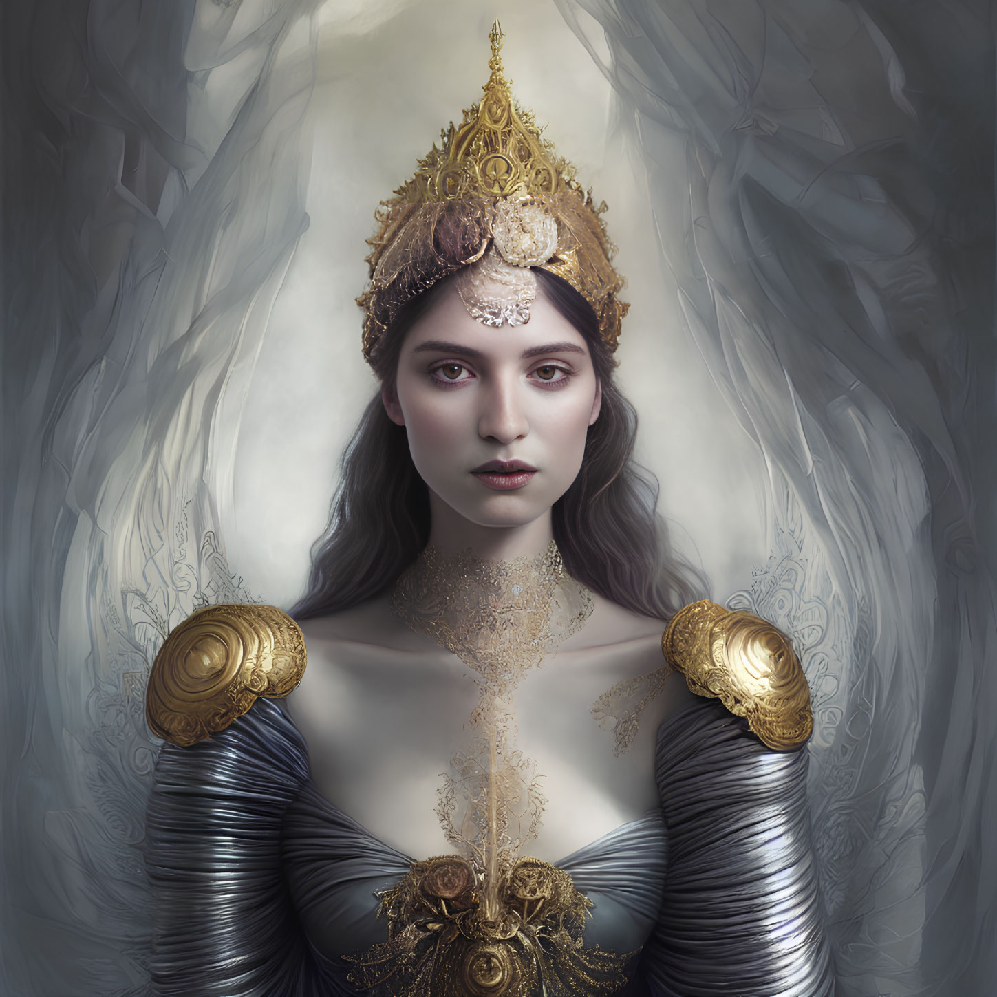 Regal woman in golden crown against misty background