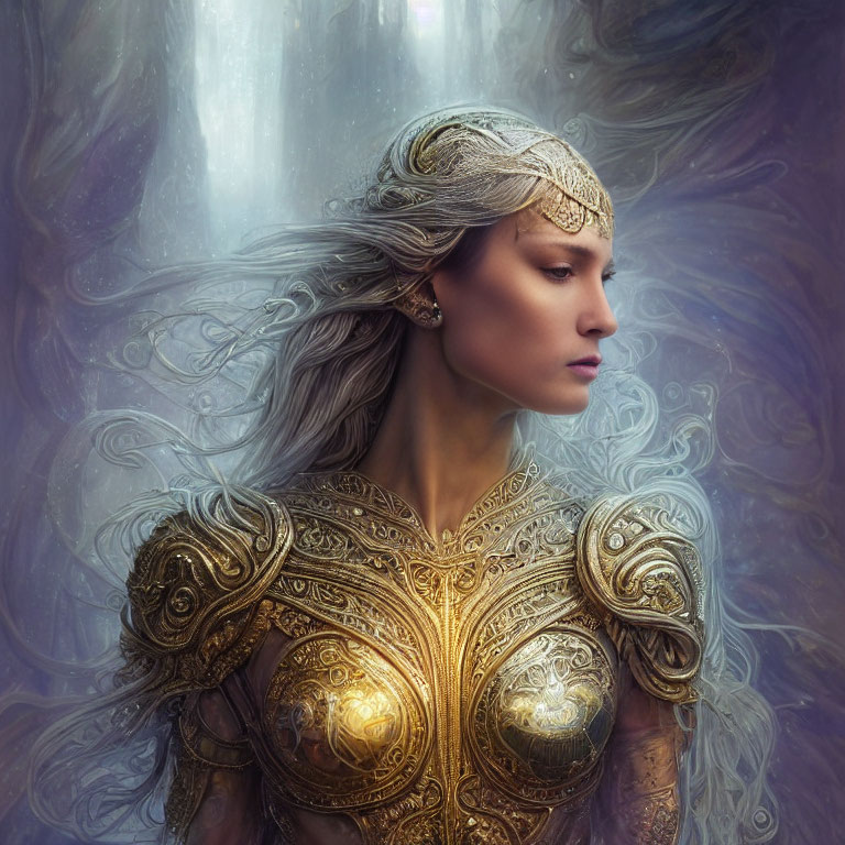 Ethereal woman in golden armor with flowing silver hair in mystical purple ambiance