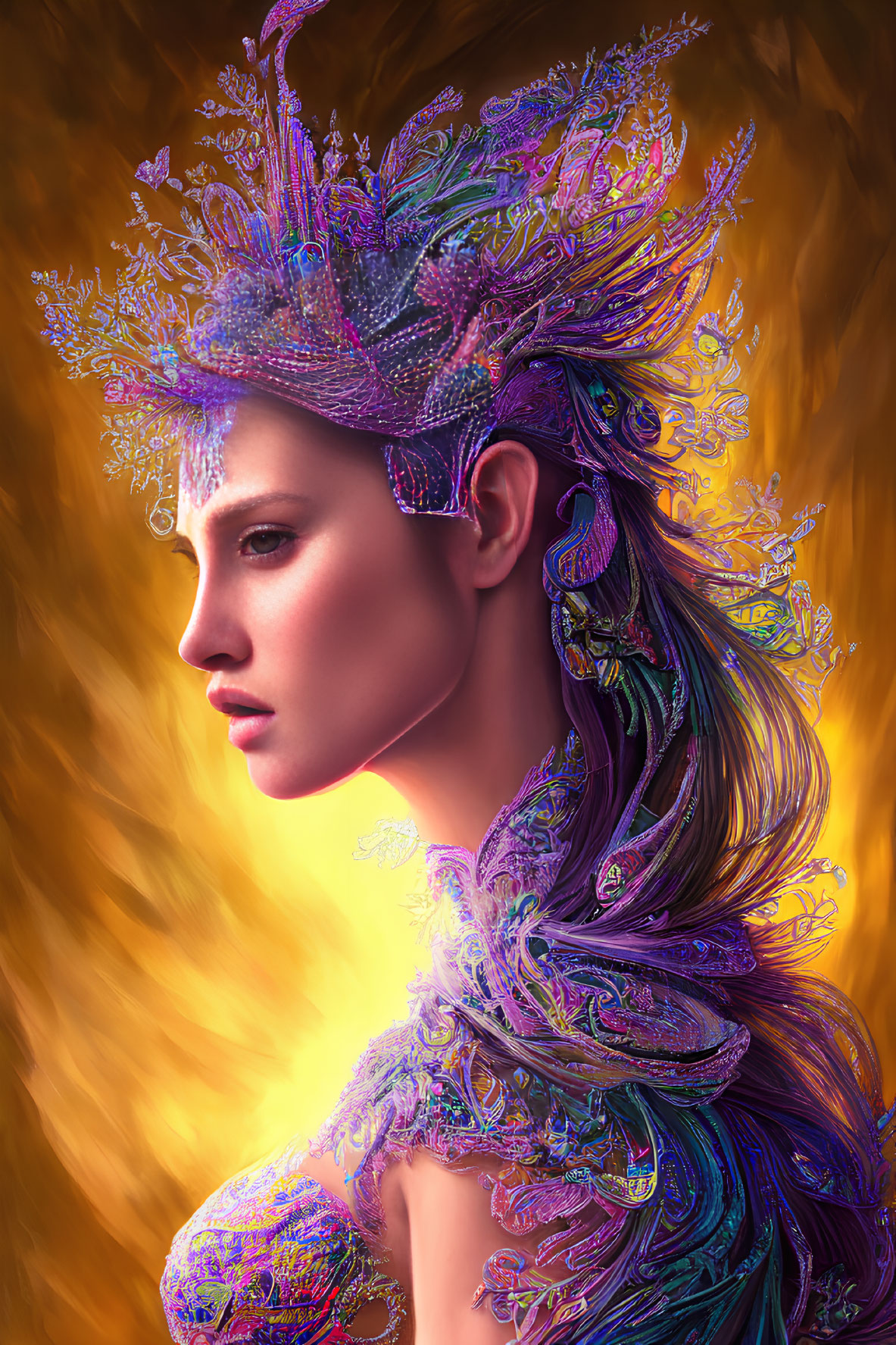 Colorful Woman's Profile Portrait with Elaborate Headdress and Garment