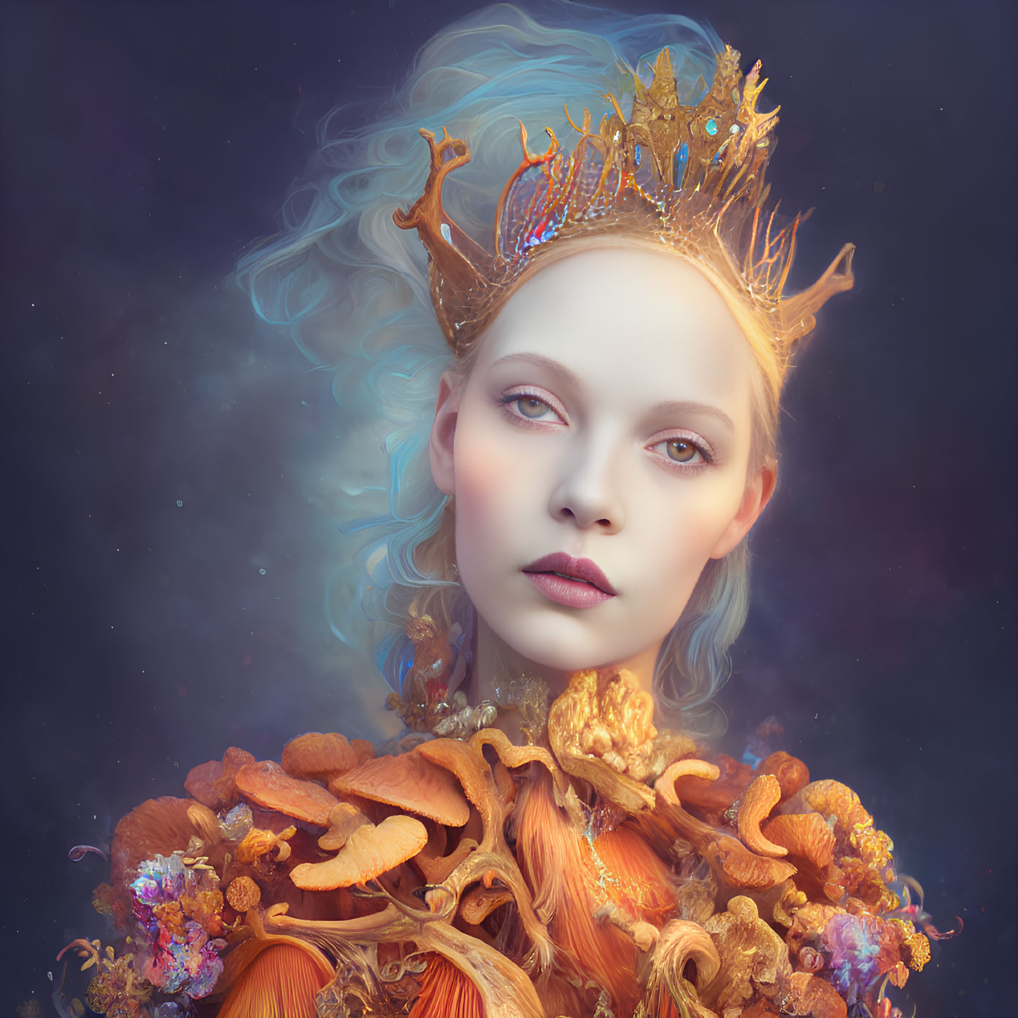 Surreal portrait of woman with golden crown and coral-like adornments
