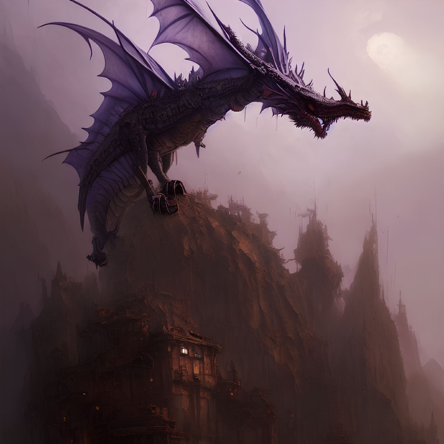 Majestic dragon flying over misty fantasy cityscape at dusk