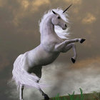 Majestic white unicorn with shimmering horn and pink mane on golden background