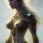 Fantasy Female Character with Blue Skin and Gold Armor on Soft-Lit Background