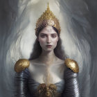 Regal woman in ornate crown and gold attire against ethereal backdrop