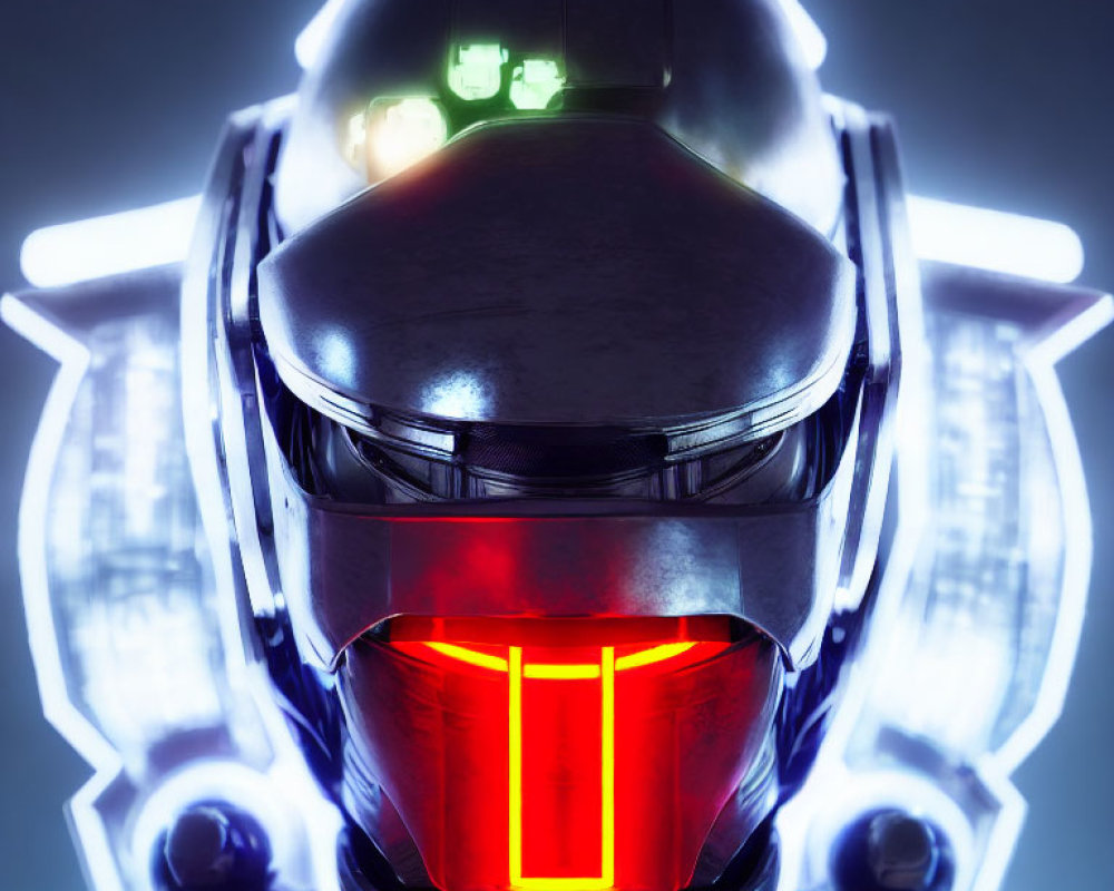 Futuristic Helmet with Glowing Green Eyes and Red Mouth Light