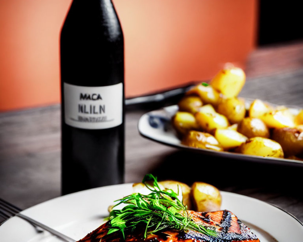 Fresh Grilled Salmon Fillet with Dill, Roasted Potatoes, and Wine Bottle on White