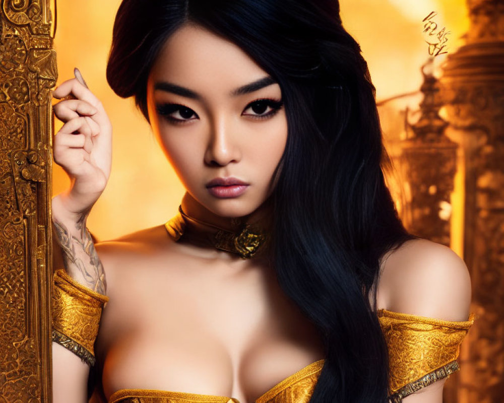 Long-haired woman in dramatic makeup wearing gold corset against golden backdrop