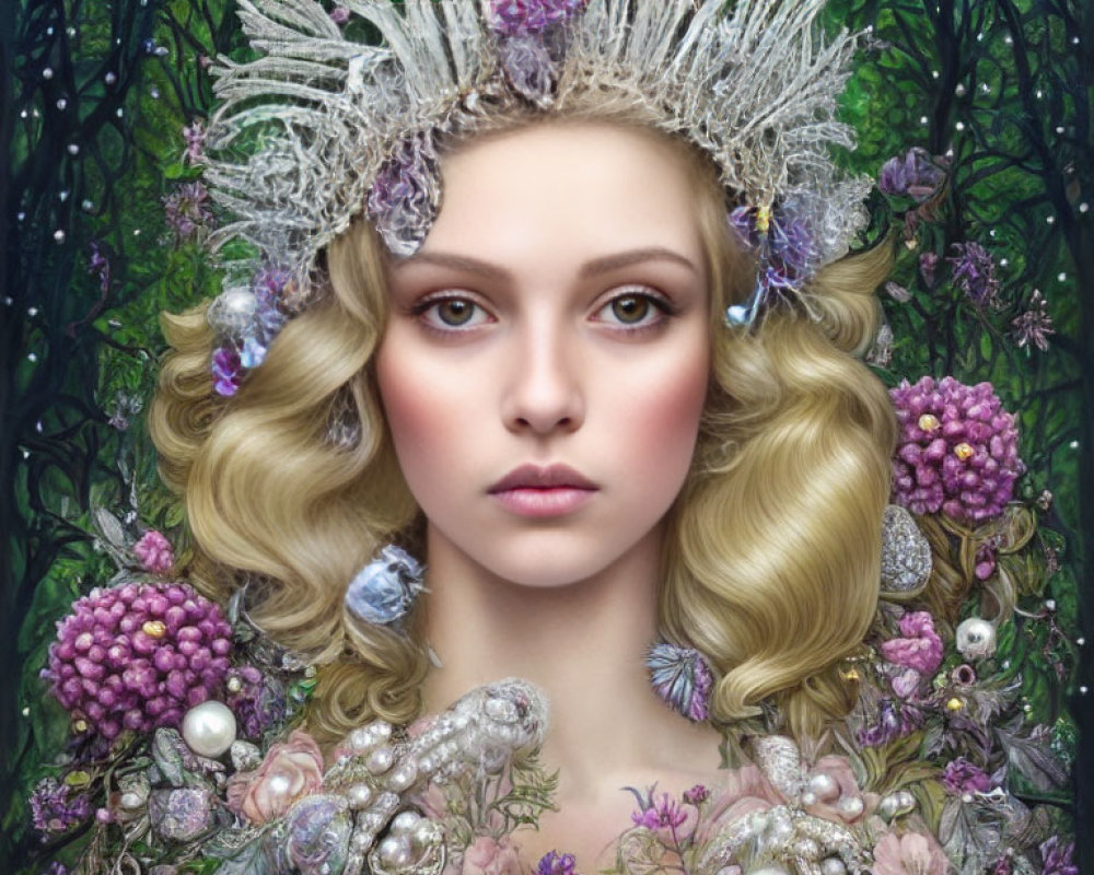 Portrait of Woman with Floral Crown and Botanical Elements