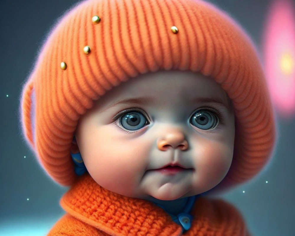 Adorable Baby in Orange Hat and Sweater with Large Eyes