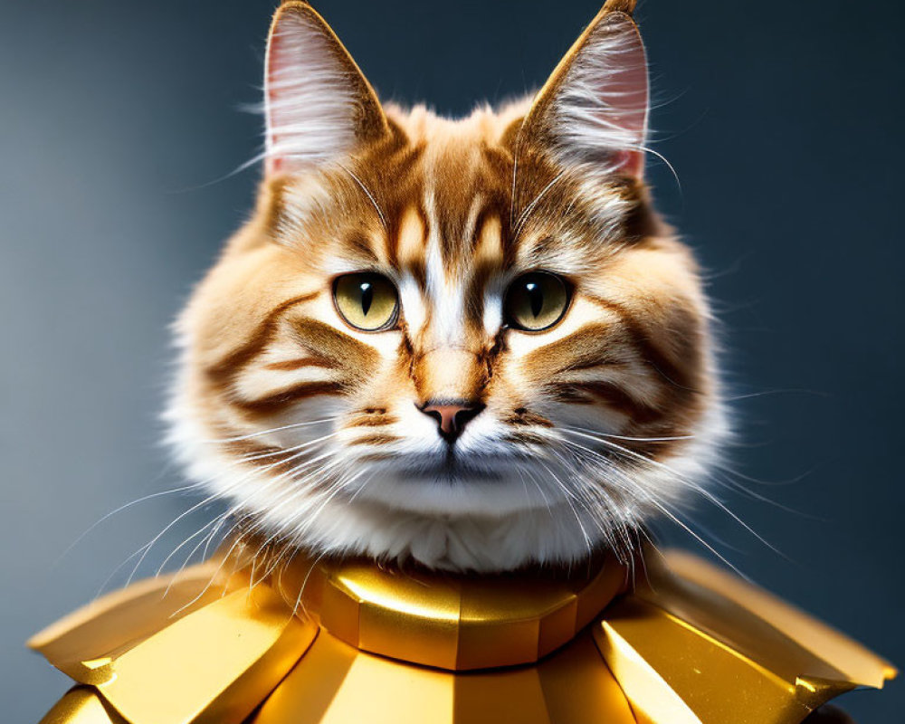 Orange and White Cat with Amber Eyes in Gold Collar on Dark Background