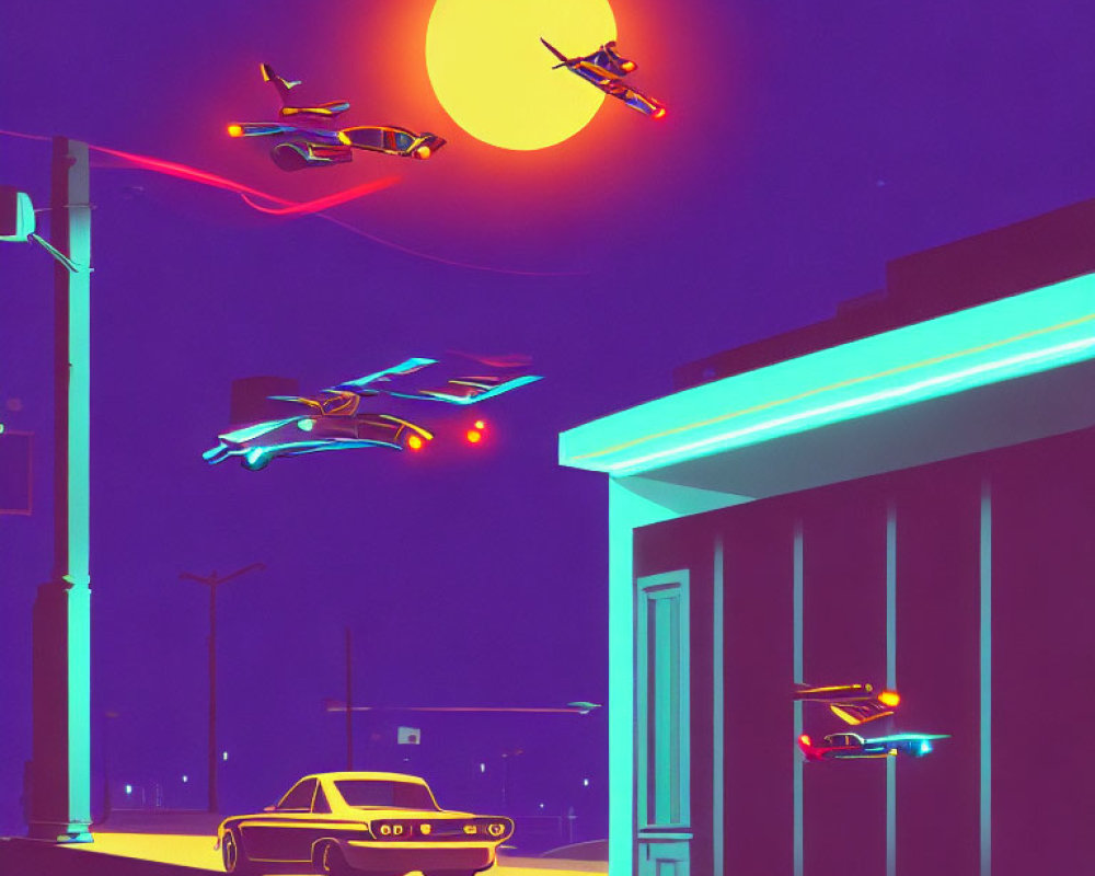 Retro-futuristic cityscape with flying cars and neon-lit building