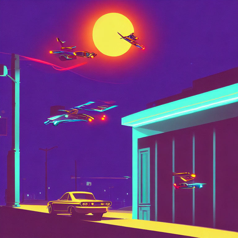 Retro-futuristic cityscape with flying cars and neon-lit building