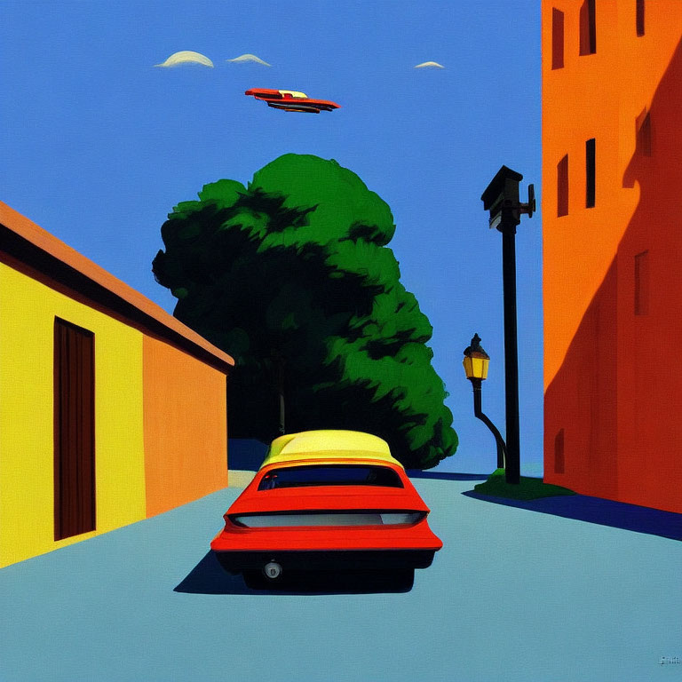 Stylized painting of red car with yellow roof parked on street with green tree, yellow building,