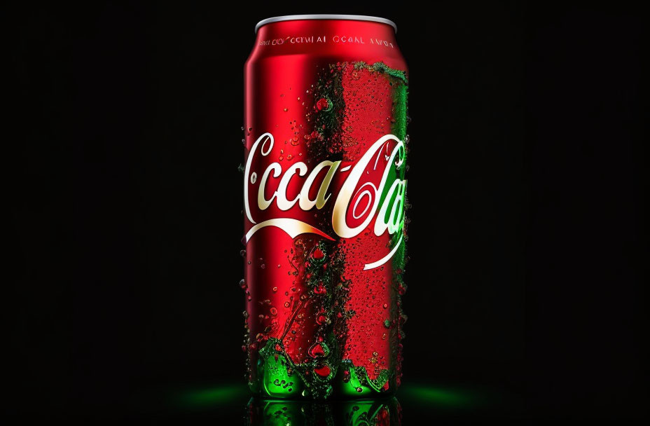 Condensation beads on Coca-Cola can under dramatic lighting