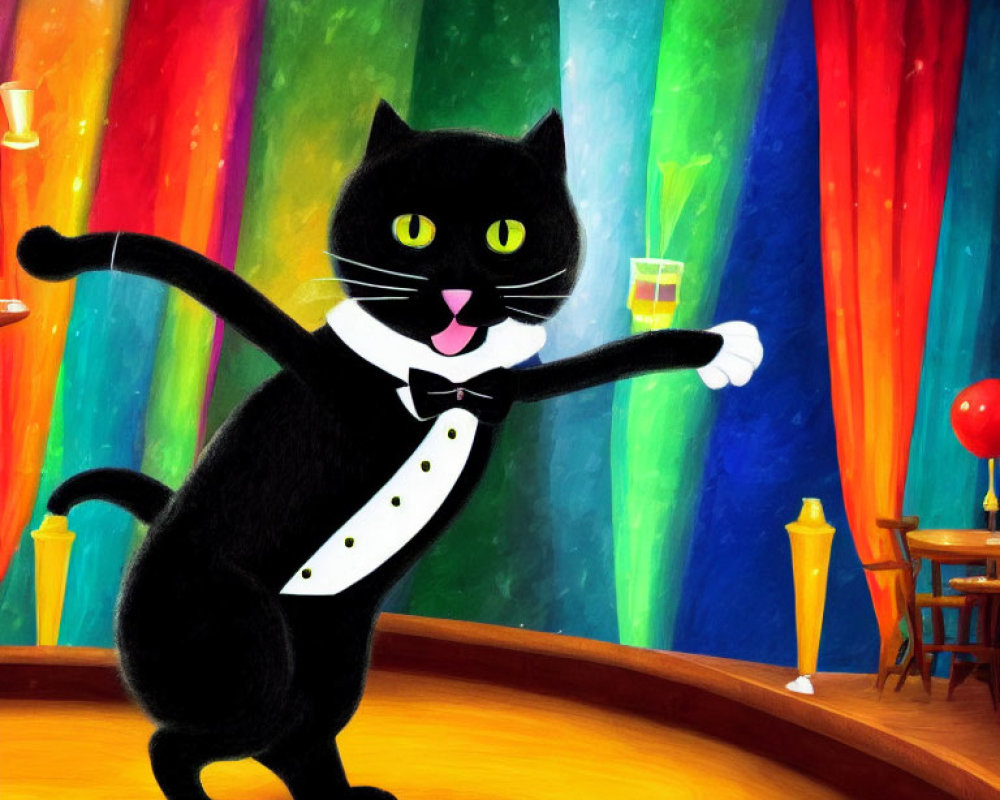 Black and white cat in tuxedo dances on stage with colorful curtains