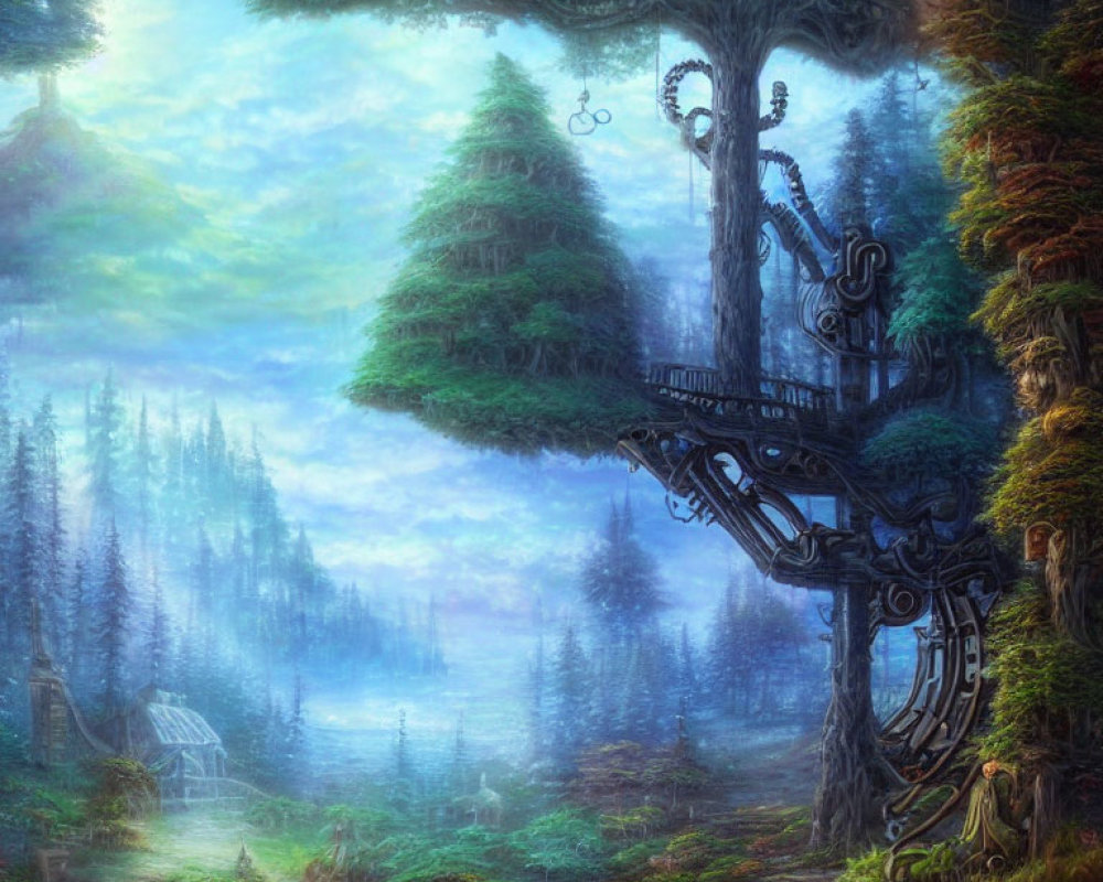 Mystical forest with natural and mechanical mix in foggy landscape