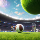 Animal-like Characters Play Soccer in Vibrant Stadium with Fluffy Tree and Sun