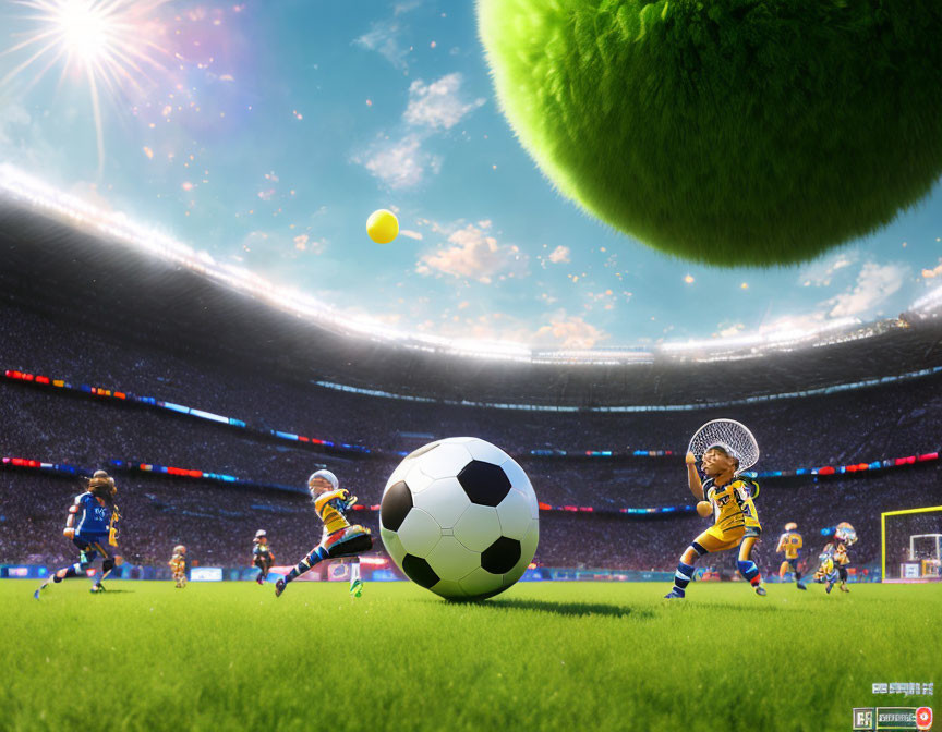 Animal-like Characters Play Soccer in Vibrant Stadium with Fluffy Tree and Sun