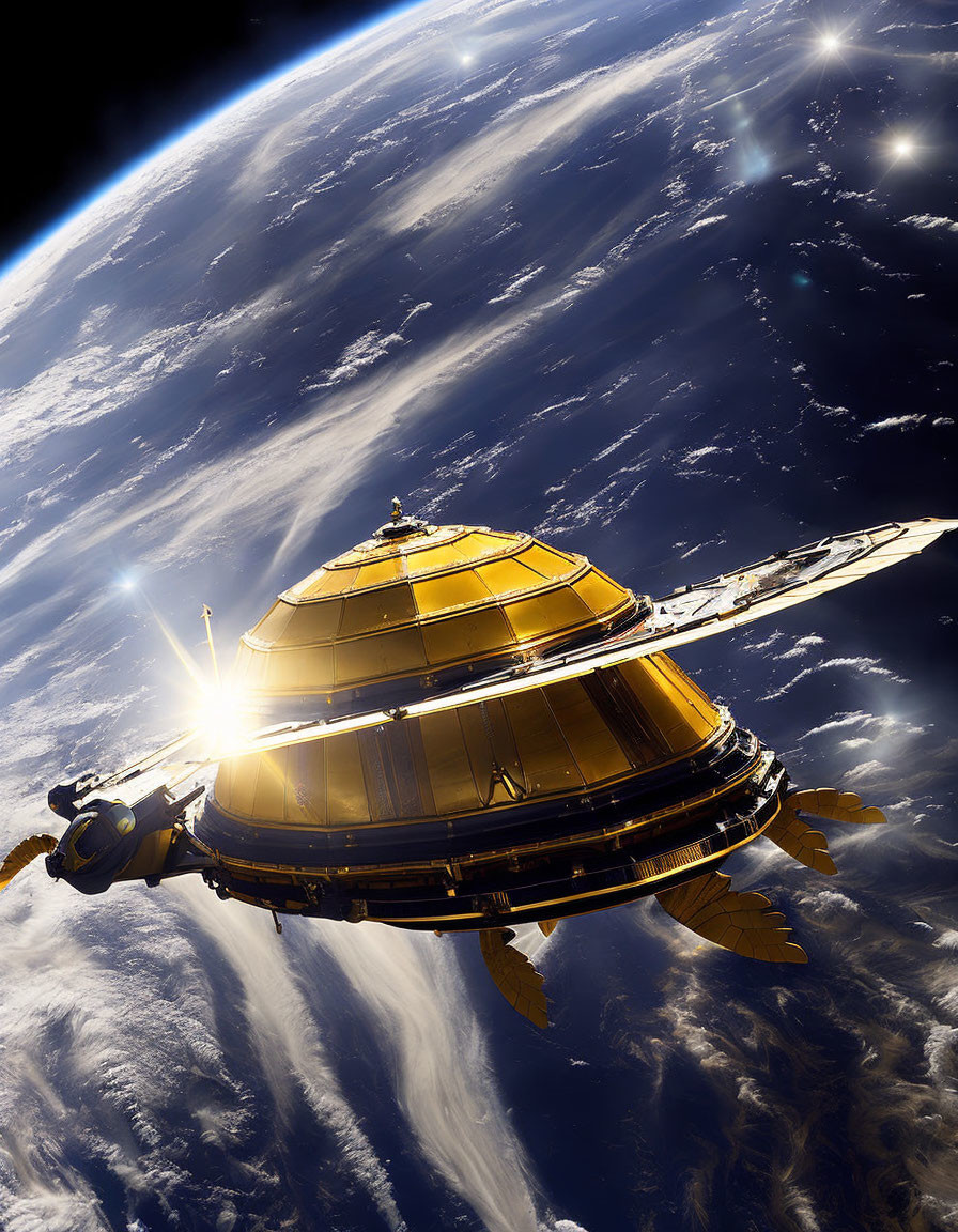 Golden-paneled satellite orbits Earth against black space & curved horizon.