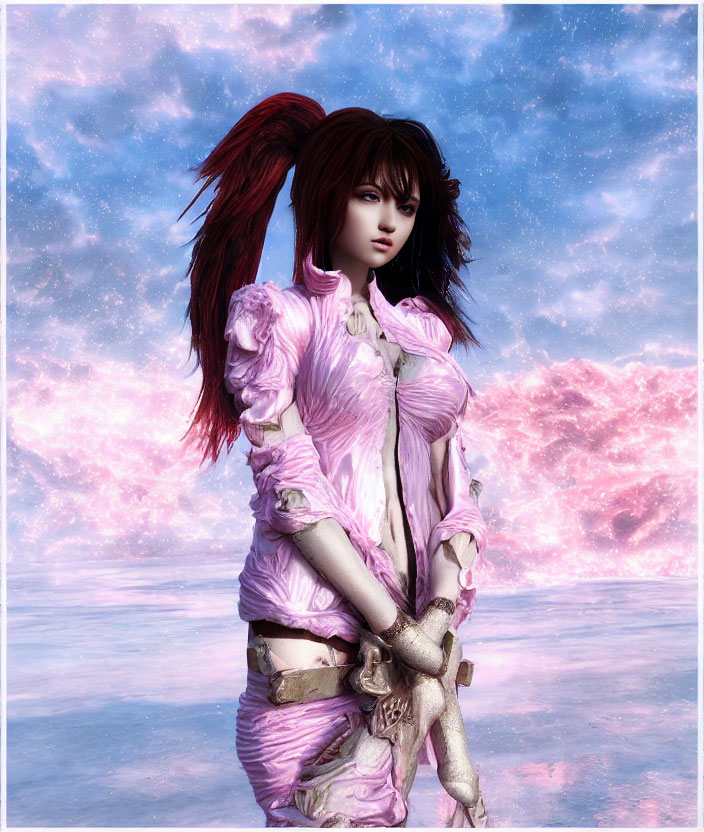 3D Rendered Image: Woman with Red Hair in Pink Fantasy Outfit