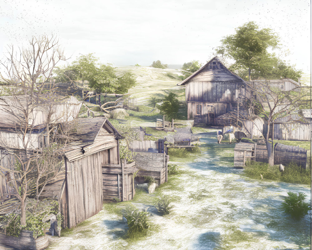 Rustic village scene with wooden houses, bare trees, and lush meadow